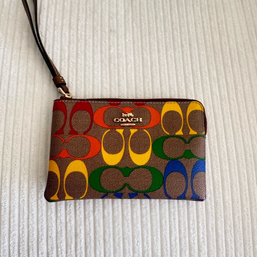 Coach Rainbow Signature Canvas Zip Wristlet - Brown Base with Multicolor Logos